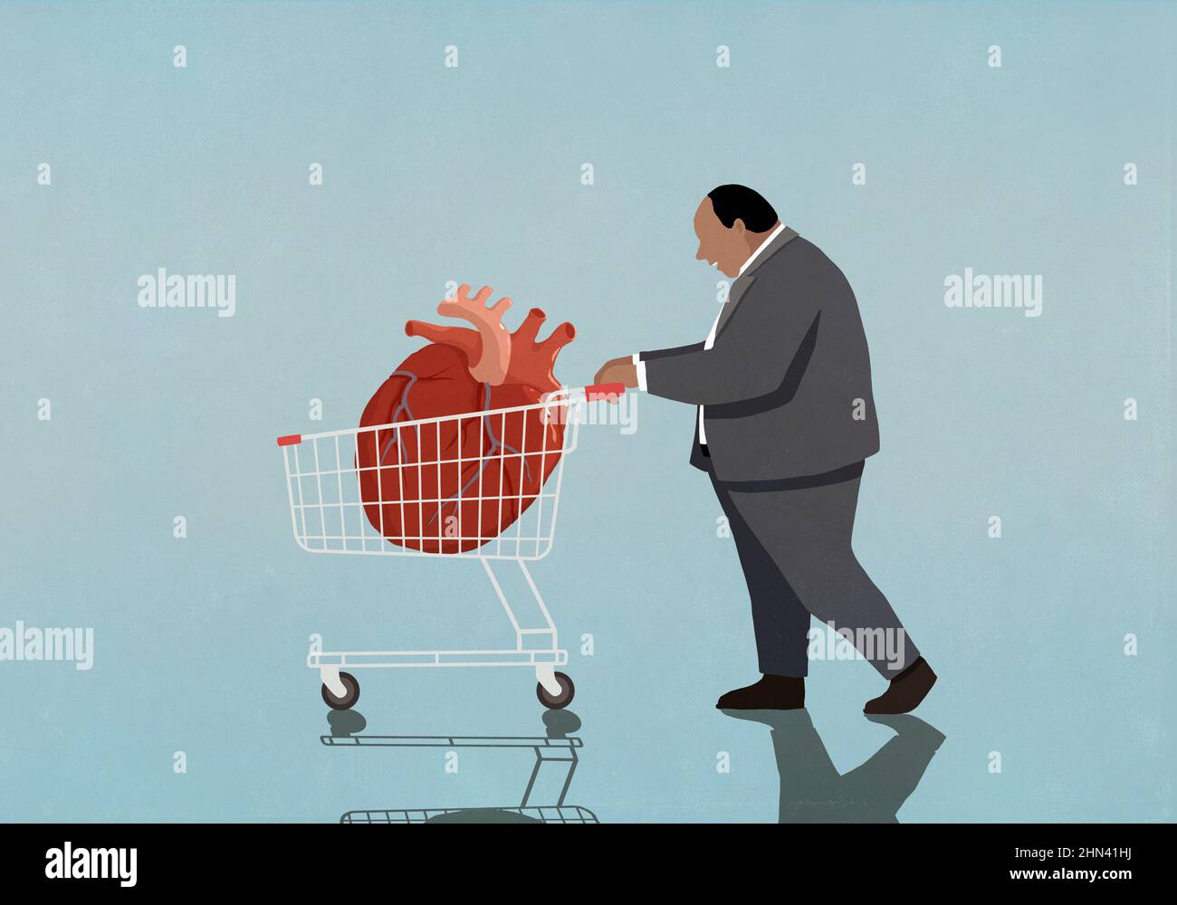 Übergewichtiger Geschäftsmann schiebt Einkaufswagen mit vergrößertem Herzen Stockfoto