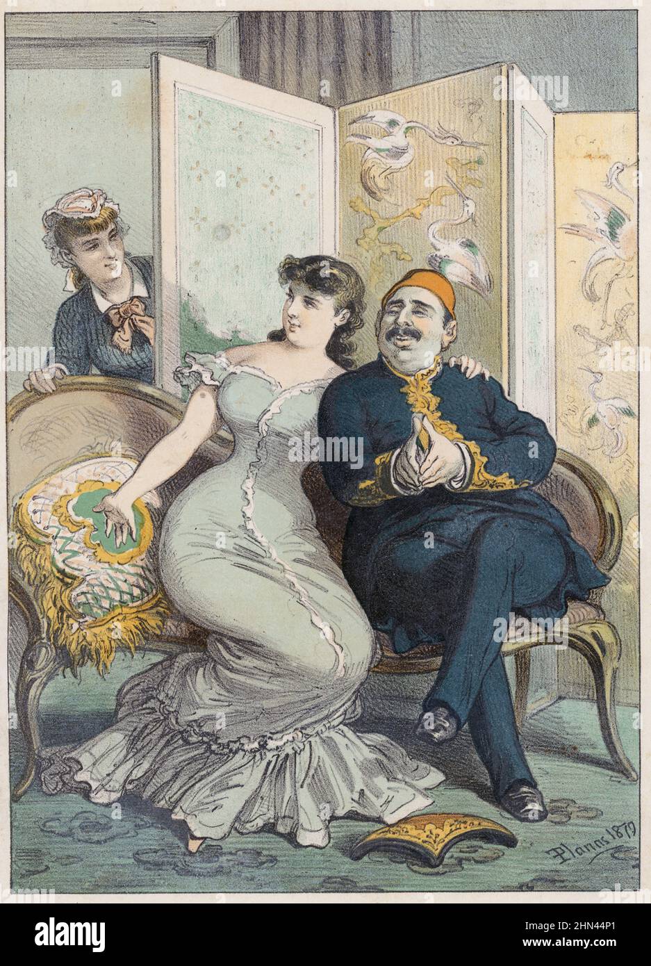 Dibujo satírico de Abdul Hamid II (1842-1918) una vez finalizada la guerra entre Rusia y Turquía. Año 1879. Clarita sentada en un diván con un caballero turco. Una criada interrumpe con un mensaje de un Príncipe ruso. Historia de una mujer: Album de cincuenta cromos. (SE traduce como: Historia de una mujer: Álbum de cincuenta tarjetas). Barcelona: Trilla y Serra, Editores, [188?]. Una historia ficticia de la vida de Clarita / Clara, una mujer joven y bella, sus aventuras a fines de la década de 1870 y sus relaciones con una sucesión de hombres, que la llevaron a su sual caída. Cincuenta lá Stockfoto