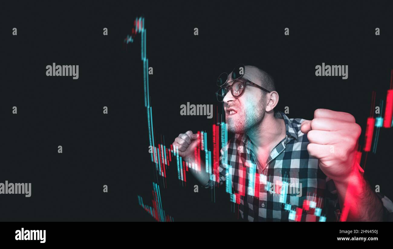 Ein Trader-Investor beobachtet die Kursbewegung auf dem Bildschirm mit Emotionen. Analysiert das holographische Finanzdiagramm der Angebote. Comic-Bild von einem tra Stockfoto