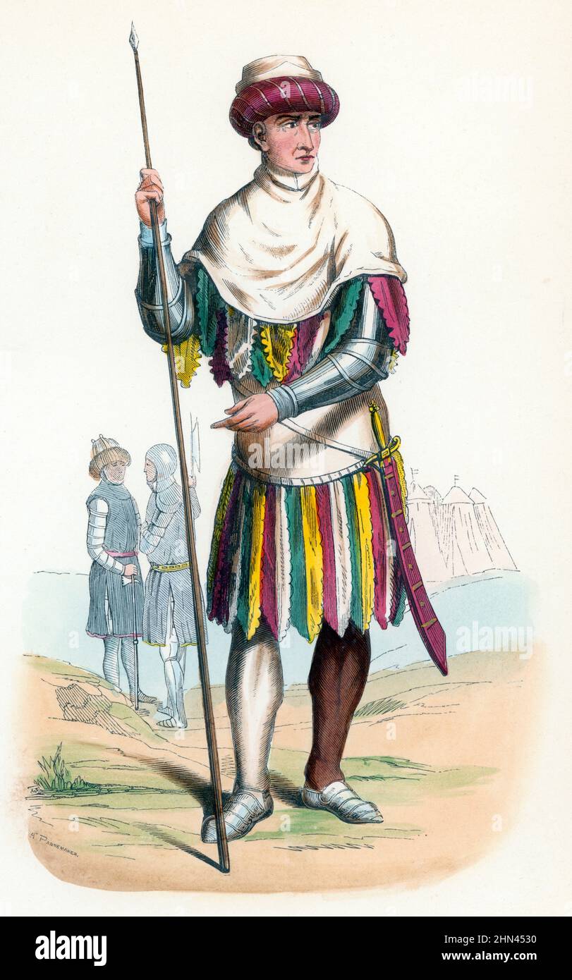 Edad-Medien. Inglaterra. Siglo XV Soldado del reinado de Enrique VI. Grabado de 1860. Stockfoto