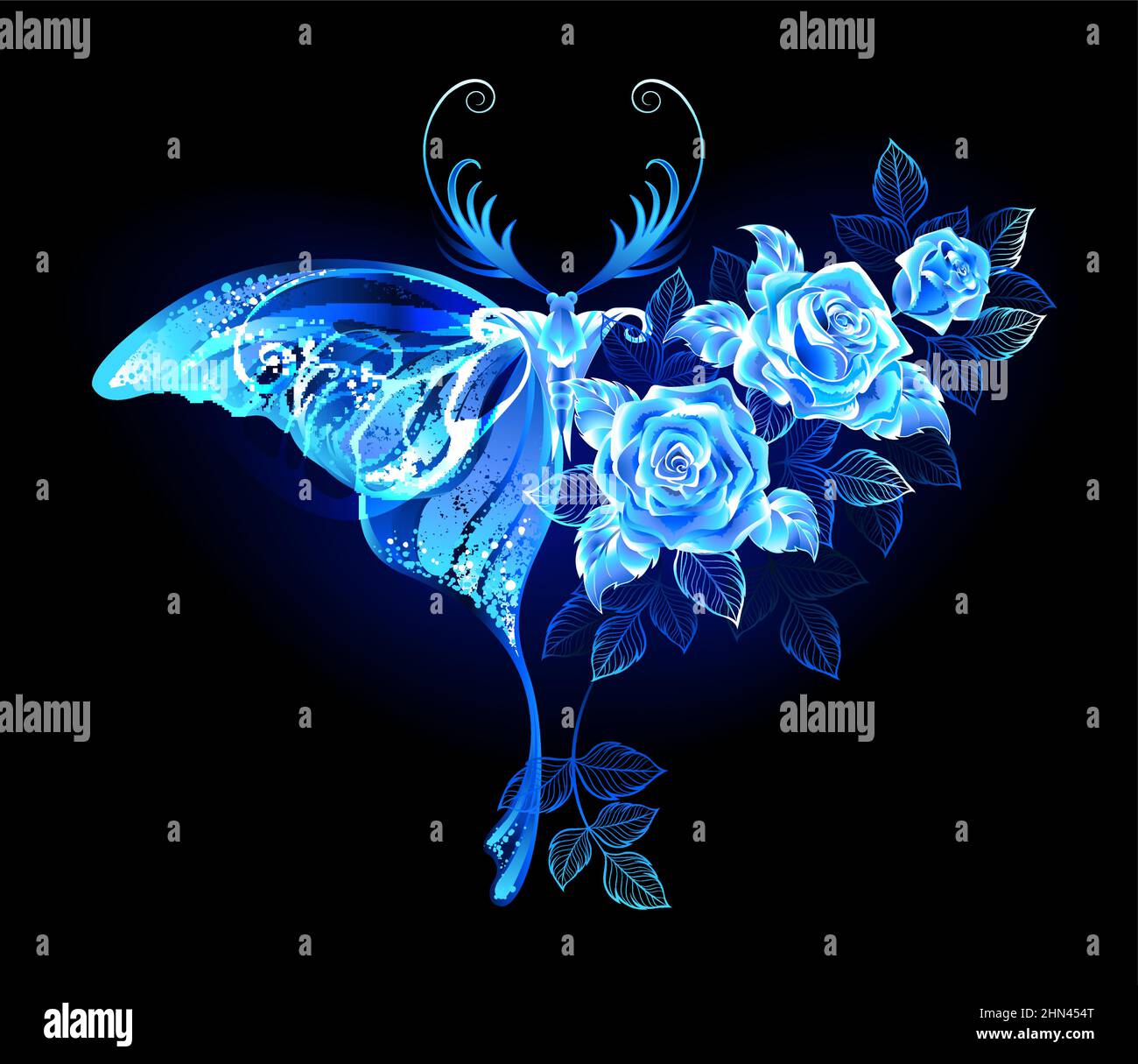 Leuchtend, magisch, blau, blumig, Nachtfalter mit Flügel verziert mit blauen, blühenden, luxuriösen, glühenden Rosen auf schwarzem Hintergrund. Stock Vektor