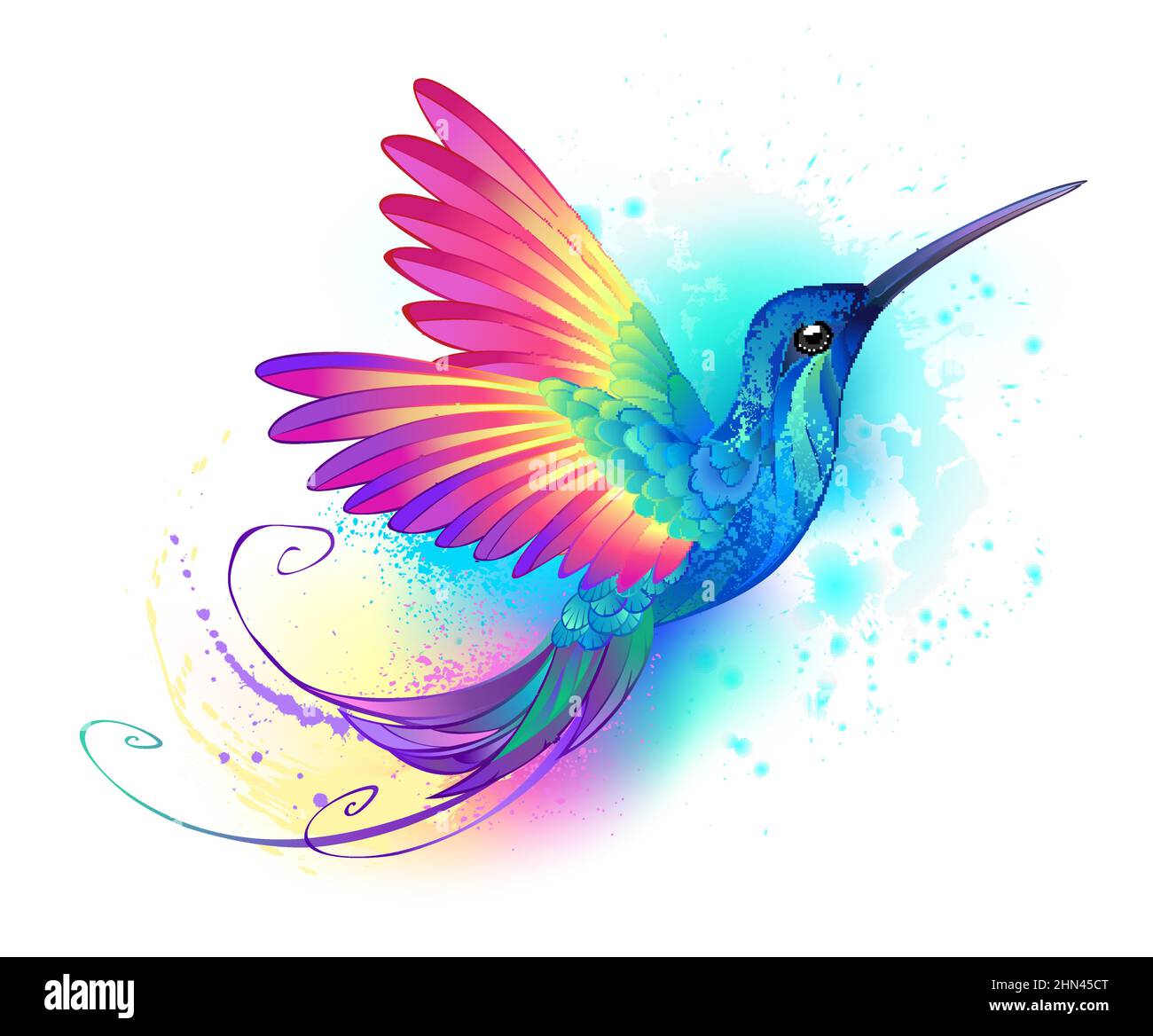 Heller, irisierender, exotischer fliegender Kolibri auf weißem Hintergrund, übermalt mit mehrfarbiger Aquarellfarbe. Regenbogenkolibri. Stock Vektor