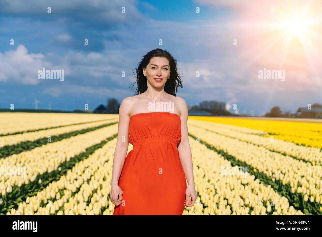 Schöne Frau im Sommer dres stehend in bunten Tulpenblüten Felder in Amsterdam Region, Holland, Niederlande. Zauberhafte niederländische Landschaft mit Tulpenfeld in Holland Trevel und Frühlingskonzept. Stockfoto