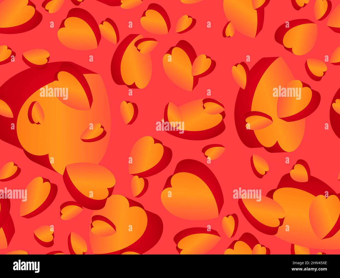 Alles Liebe zum Valentinstag Hintergrund mit 3D Herzen. Nahtloses Muster mit isometrischen Herzen und orangefarbenem Farbverlauf. Design für Grußkarte, Urlaub Stock Vektor