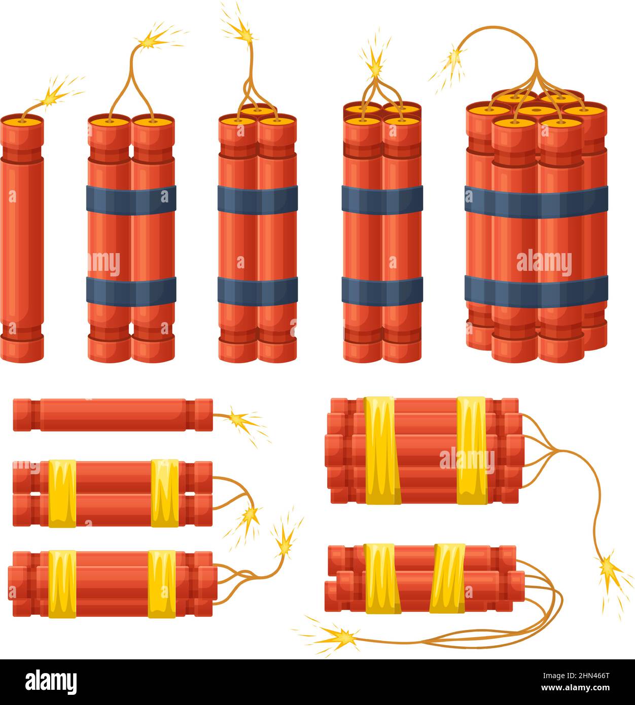 Sprengstoffstäbe, Pyrotechnik Explosionsprüfgeräte. Rote Dynamit Bombe brennende Sticks Vektor Illustration Set. Brennender Dynamit Stock Vektor