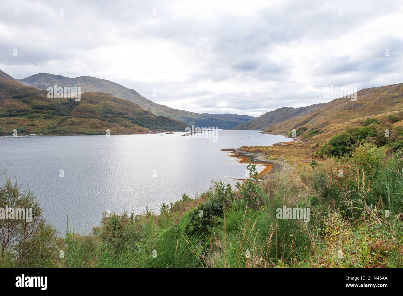 Schöne Aussicht auf den See Loch Nan Uamh, Glenfinnan Valley, Scottish Highlands, UK Stockfoto