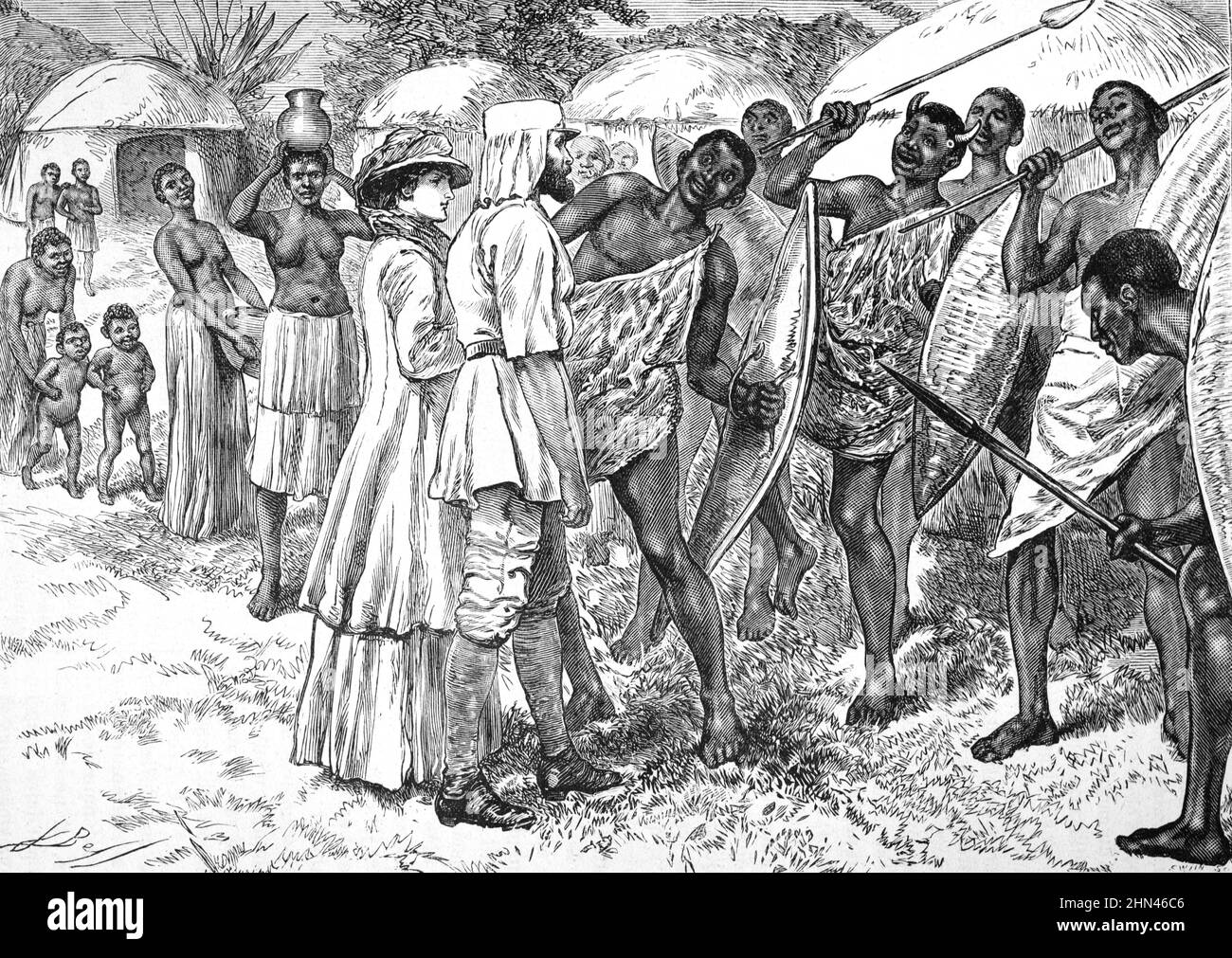 Frühe europäische Touristen oder viktorianische Touristen reisen in die Nubia-Region an der Quelle des Nils in Ägypten. Vintage Illustration oder Gravur 1880 Stockfoto