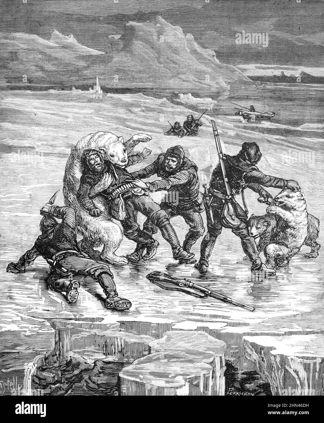 Eisbärjagd oder Angriff auf Menschen in der Arktis. Vintage Illustration oder Gravur 1881 (Castelli) Stockfoto