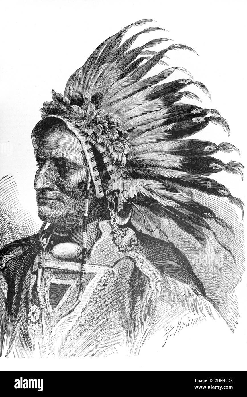 Porträt des Indianerhäuptlings mit Federschmuck USA Vintage Illustration oder Gravur 1881 (Kramer) Stockfoto