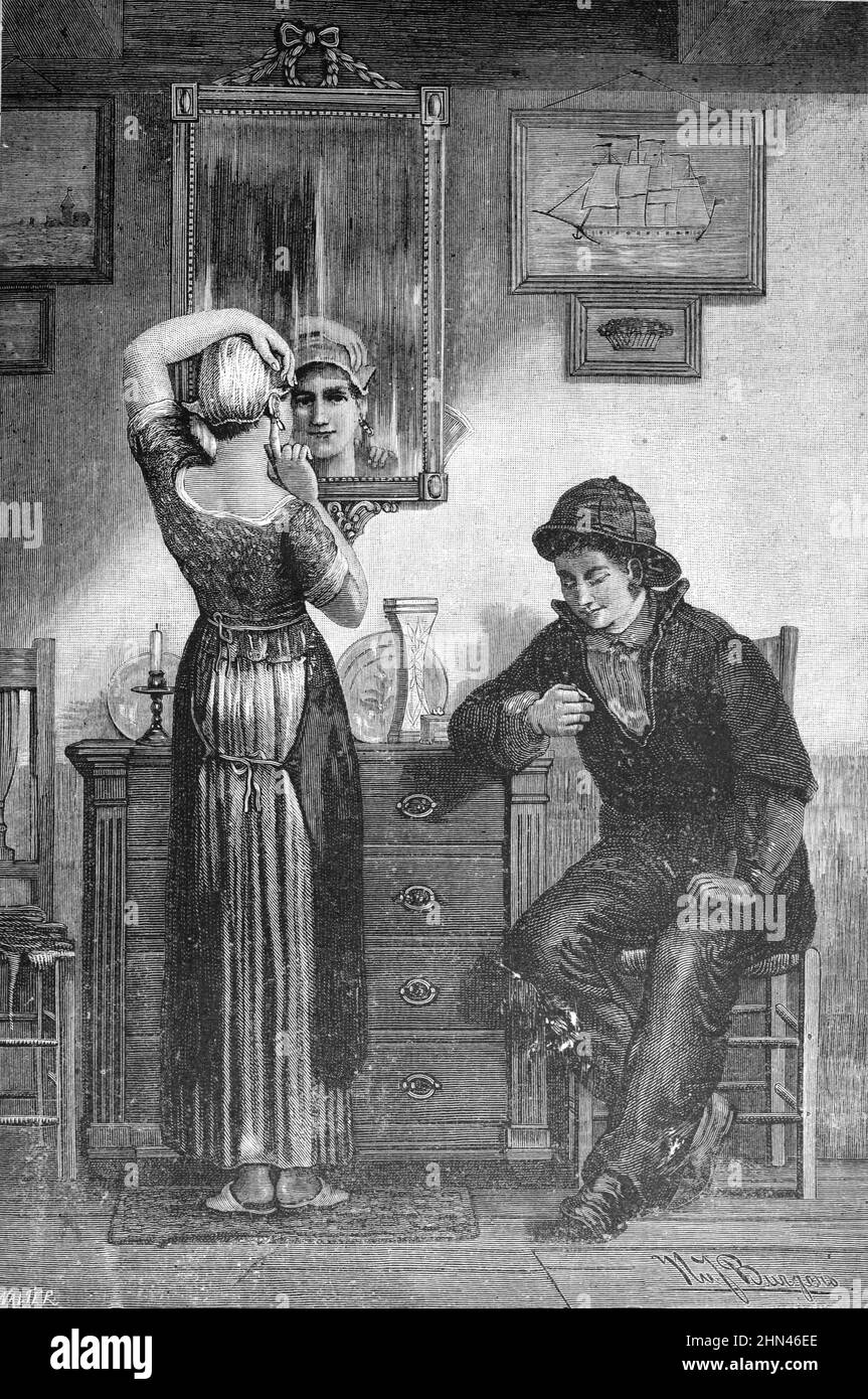 Holländisches Paar im Inneren des niederländischen Hauses. Vintage Illustration oder Gravur 1881. (Walter-Burgers) Stockfoto