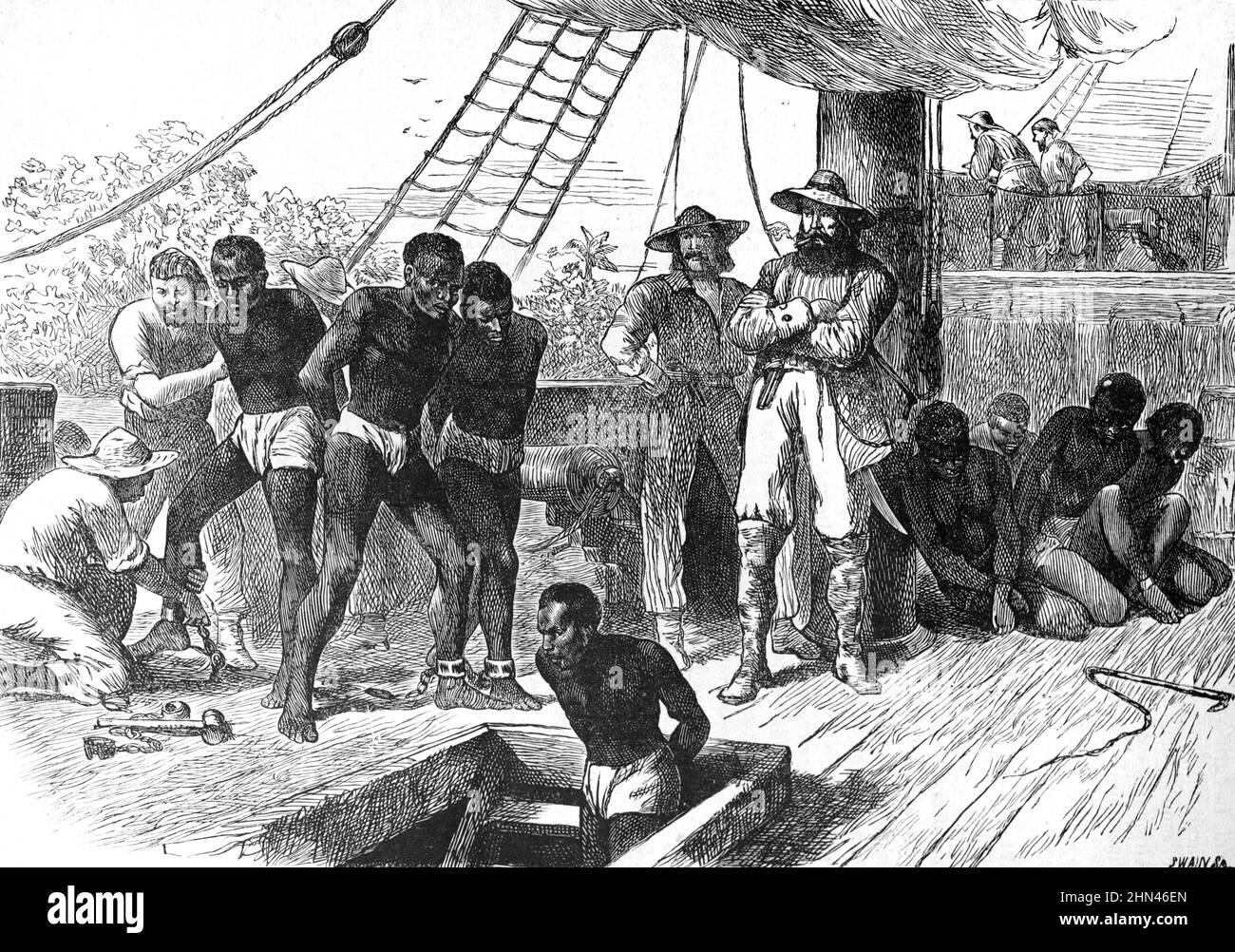 Afrikanische Sklaven, Sklavenhändler und Sklavenschiff vor der afrikanischen Küste. Vintage Illustration oder Gravur 1881 Stockfoto