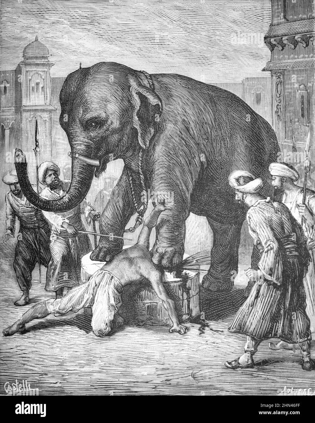 Bestrafung oder Hinrichtung des Verräters, Tod durch Erdrücken oder Erdrücken durch Elefant im Gericht von Nawabs von Awadh Lucknow Indien. Vintage Illustration oder Gravur 1881 (Castelli-Joliet) Stockfoto