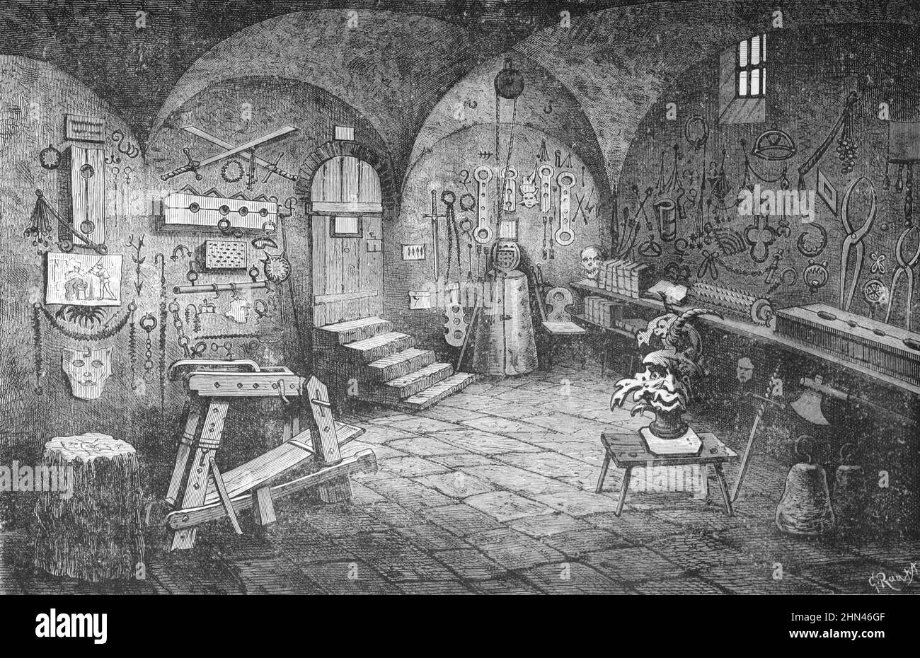 Ausstellung oder Sammlung mittelalterlicher Folterinstrumente Nürnberg Museum Deutschland. Vintage Illustration oder Gravur 1881 Stockfoto