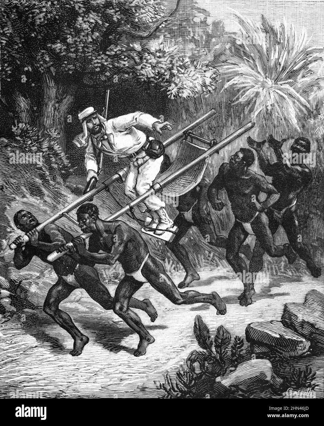 Französischer Kolonialoffizier, der von madagassischen Portern in einem Wurf oder Palanquin Madagaskar transportiert wird. Vintage Illustration oder Gravur 1882 (Castelli) Stockfoto