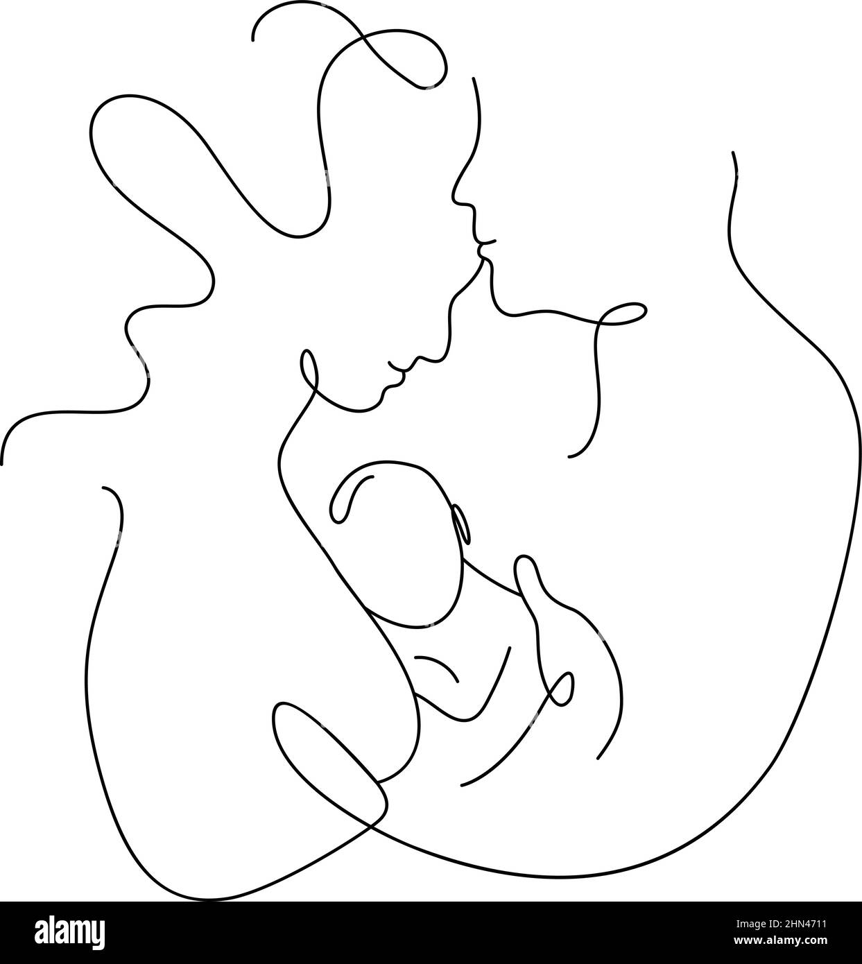 Eine kontinuierliche monoline einzigen Zeichnung Linie Kunst flach Doodle Familie, Mutter Liebe Vater und Baby, Mutter Vater. Isoliertes Bild, handgezeichnete Kontur auf Weiß Stock Vektor