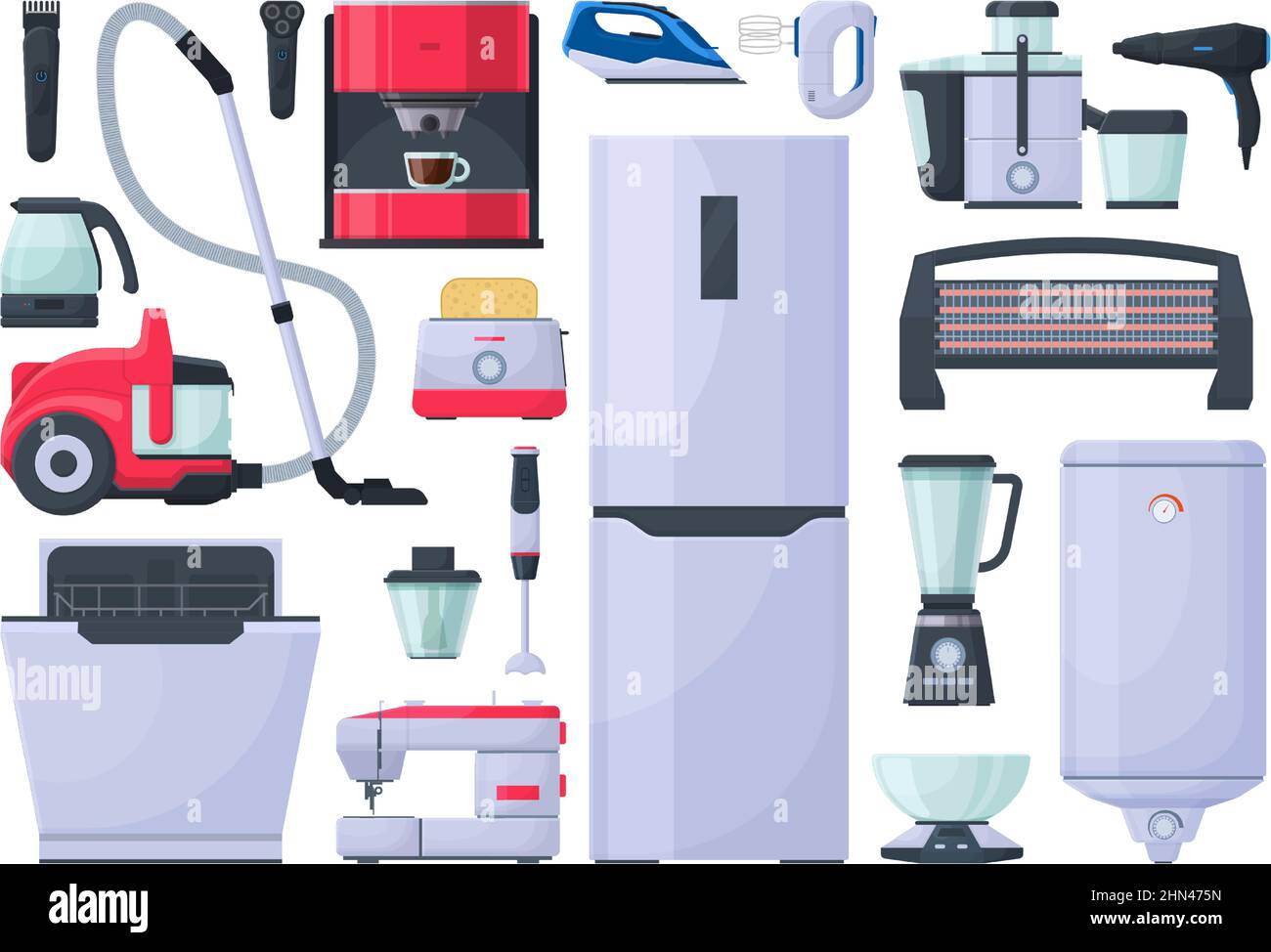 Haushaltsgeräte, Staubsauger, Bügeleisen und Kaffeemaschine. Kühlschrank, Mixer und Toaster elektronische Gadgets Vektor Illustration Set. Elektrisch Stock Vektor