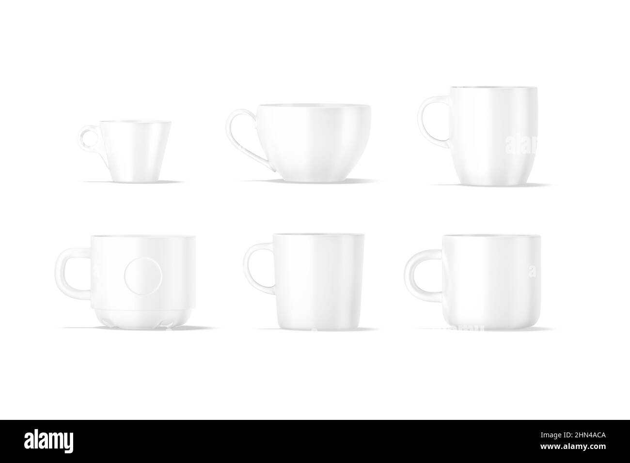Blank Keramik Kaffee und Tee Tasse Mockup, verschiedene Arten, isoliert Stockfoto