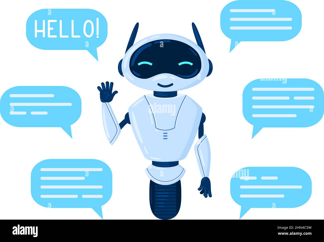 Cartoon Chat bot Charakter, niedlich Online-Assistent. Freundlicher persönlicher Assistent, lächelnder Chatbot mit Sprechblasen Vektorgrafik. Chatbot Stock Vektor