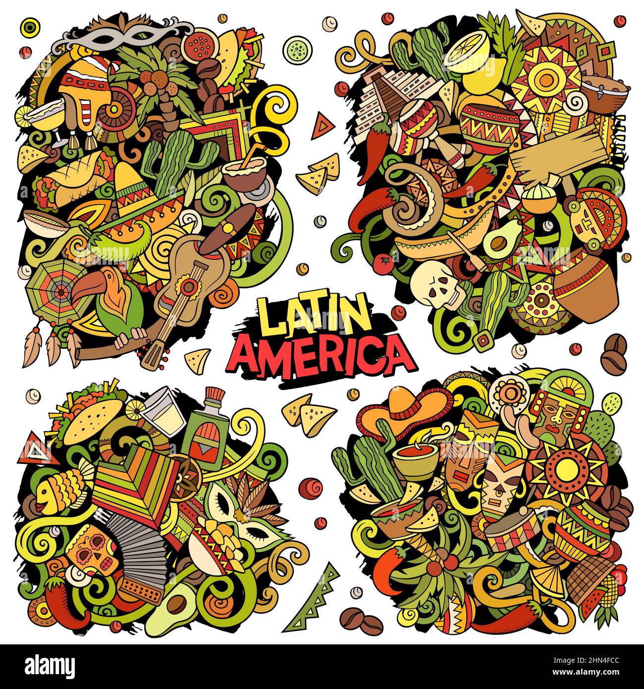 Lateinamerikanische Cartoon Vektor Doodle Designs Set. Stock Vektor