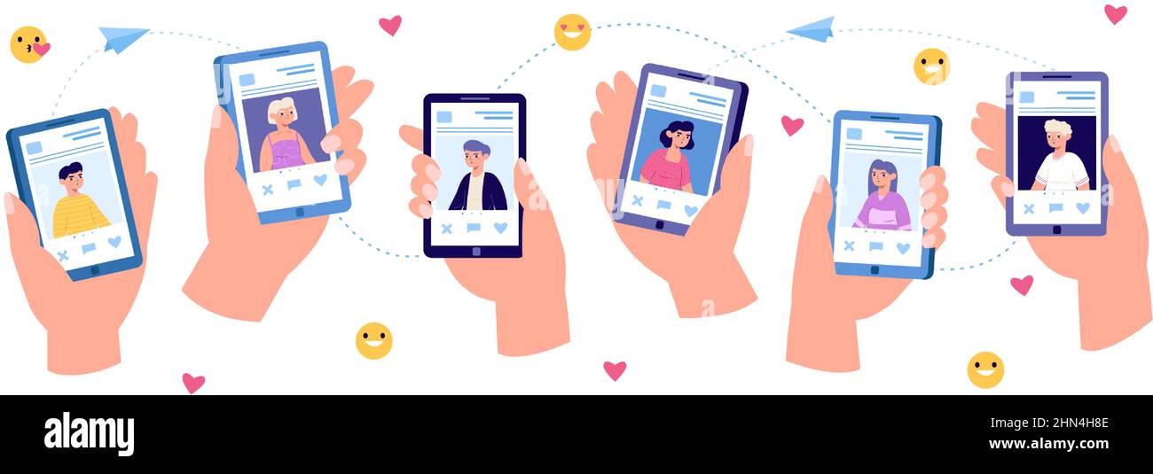 Die Romantik-App von oline auf dem Smartphone-Bildschirm. Vektor-Illustration Set Hände halten Smartphone virtuelle Beziehung Kommunikation Stock Vektor