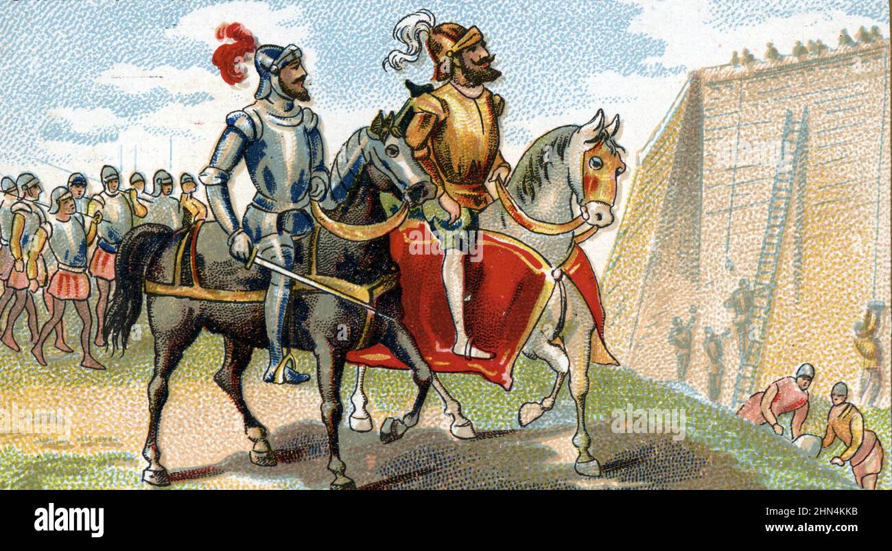 Portrait de Louis de Berton des Balbes de Crillon (1541-1615) et le roi Henri IV (1553-1610) Lors du Belagerung de Paris en 1590 (Belagerung von Paris (1590) : König Henri IV von Frankreich und Louis des Balbes de Berton de Crillon) Chromolithographie de la fin du 19eme siecle Collection privee Stockfoto