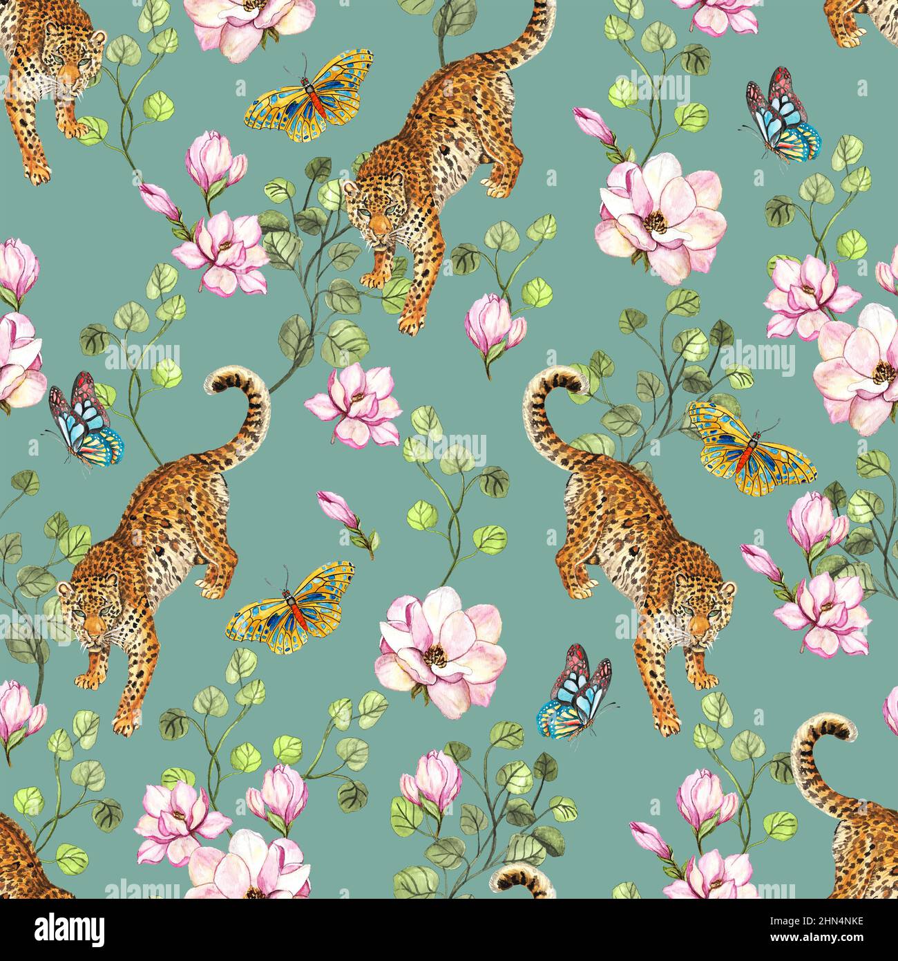 Handgezeichnetes Leoparden & Blumen Muster Design in Wasserfarbe für Tapete, Textil, Oberfläche, Mode, Hintergrund, fliesen, stationär, Wohnkultur, Möbel Stockfoto