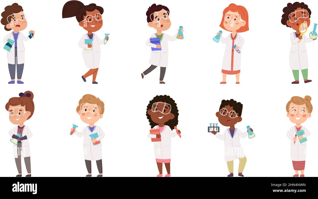 Kinder Wissenschaftler, Jungen und Mädchen experimentieren im Chemielabor. Multirassische Kinder Wissenschaftler tun wissenschaftliche Experiment Vektor Illustration Set. Baby Stock Vektor