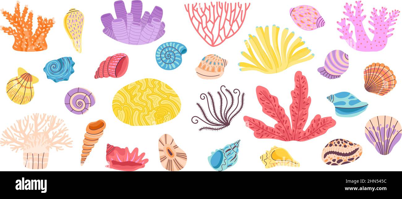 Korallen. Meereskorallen, Unkraut und Muschel. Ocean Reef Doodle Elemente. Muscheln Dekoration, Unterwasser oder Aquarium Objekte. Marine anständige Vektorobjekte Stock Vektor