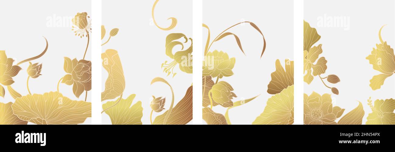 Golden Line Pflanzen Karten. Luxuriöse abstrakte Blattgold- und Blumenplakate für die Heimdekoration. Kreative Wandgestaltung für Spa oder Wellness, Nowaday Yoga oder Stock Vektor