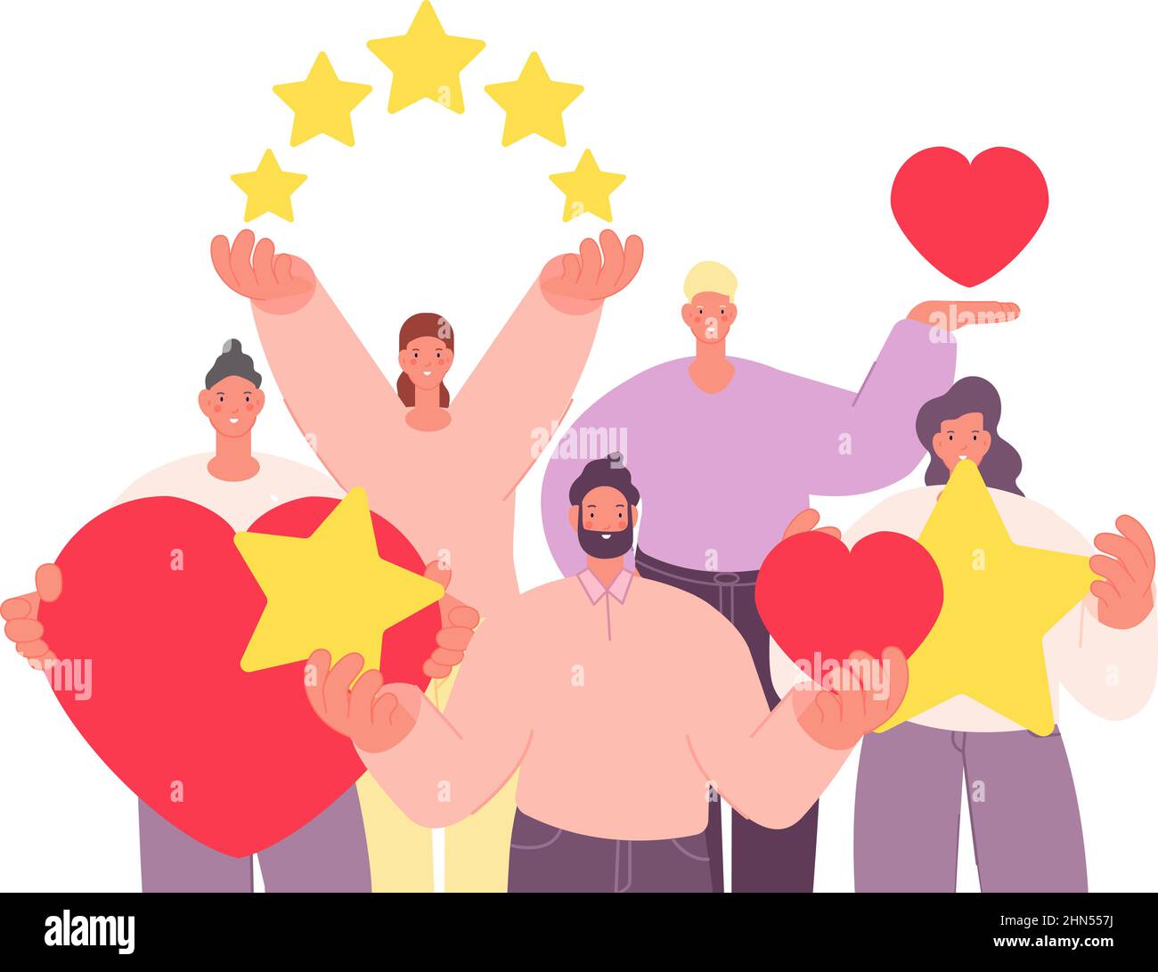 „Gefällt mir“-Angaben und Bewertungen. Emotionales Feedback im Web, Nachposten oder Teilen. Hohe Bewertung, glückliche Menschen, die Herzen und Sterne halten. Positive emotionale Erwachsene Stock Vektor