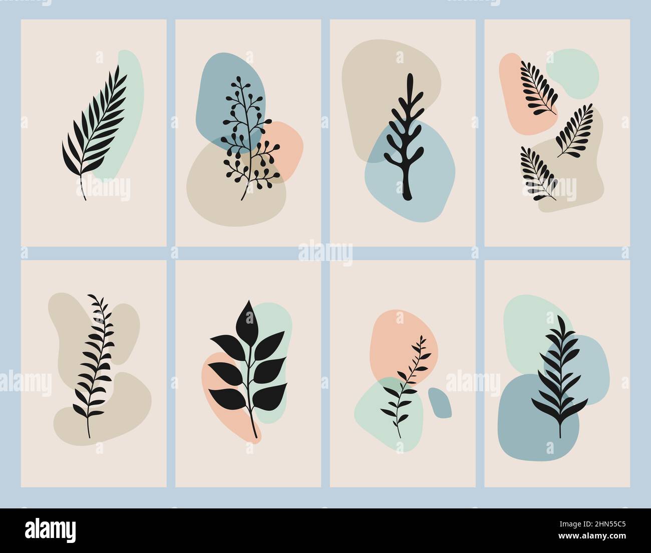 Einfache Wandposter mit Pflanzen-Silhouetten. Abstrakte trendige moderne Karten mit zufälliger flüssiger Form. Böhmisches Design, dekorative Vektor-Vorlagen Stock Vektor