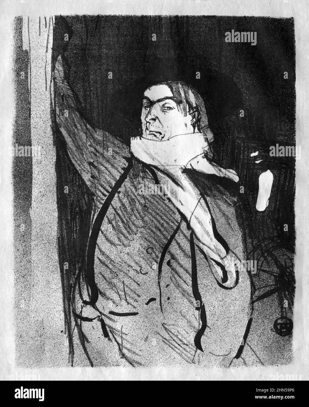 Aristide Bruant (1893). Antike, Vintage-Zeichnung von Henri Toulouse-Lautrec. Stockfoto