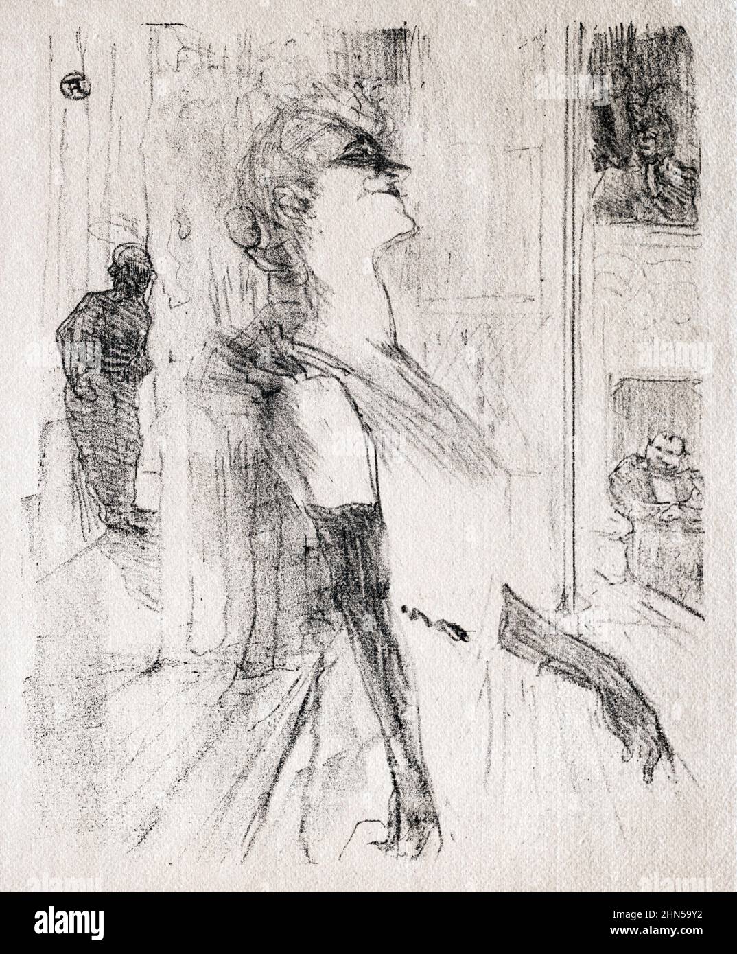 Yvette Guilbert - Sur la Scene (1898). Antike Vintage-Zeichnung von Henri Toulouse-Lautrec. Stockfoto