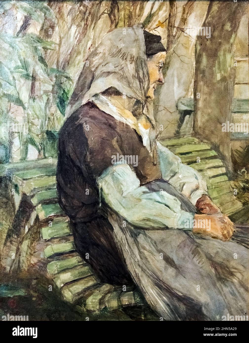 Antike Vintage-Kunst von Henri Toulouse-Lautrec. Vieille femme assise sur un banc à Céleyran (Alte Frau, die in Céleyran auf einer Bank sitzt) 1882. Stockfoto