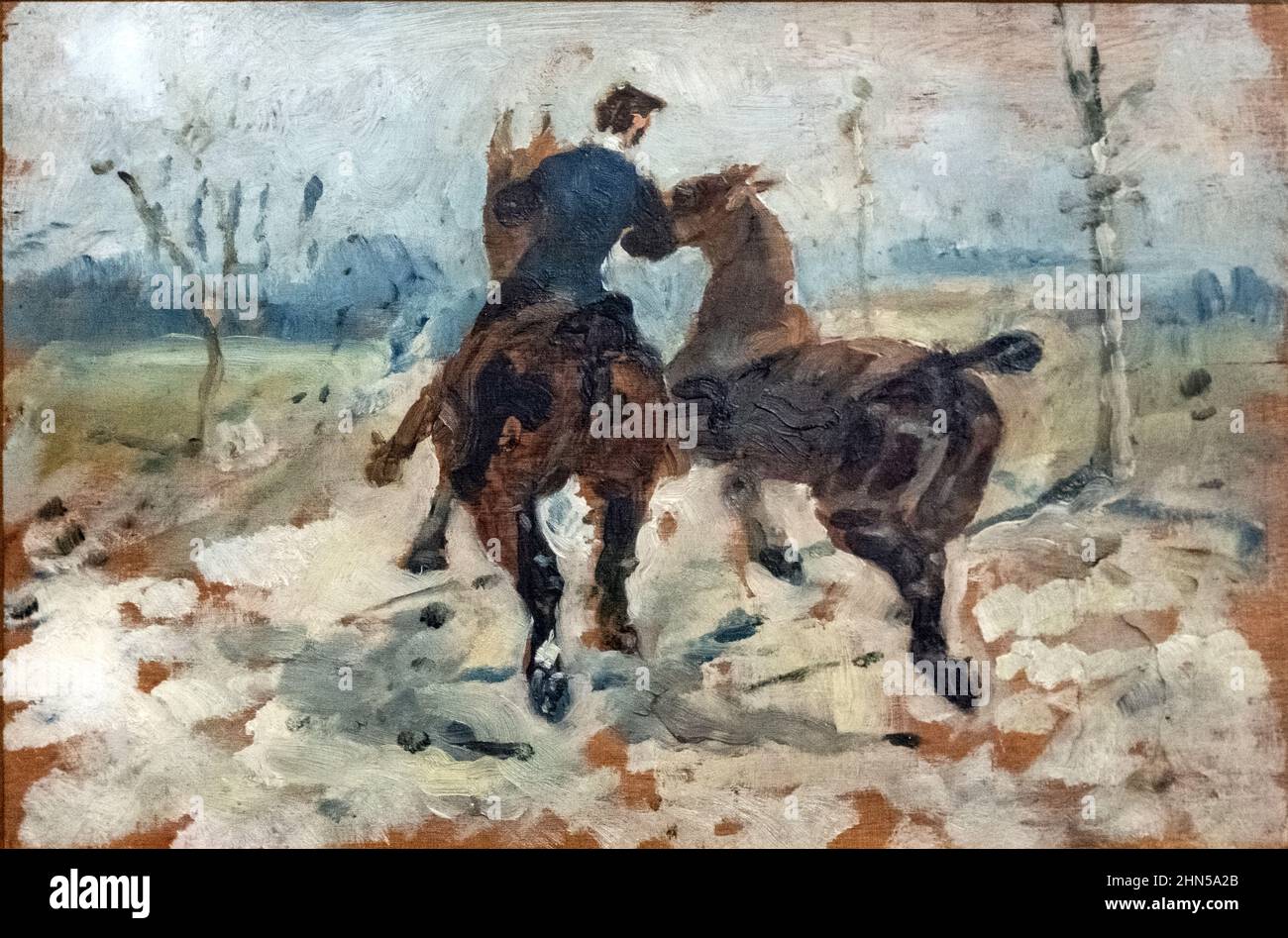 Antike Vintage-Kunst von Henri Toulouse-Lautrec. Zwei Pferde führten in der Hand. 'Deux chevaux menés en main' 1882. Stockfoto