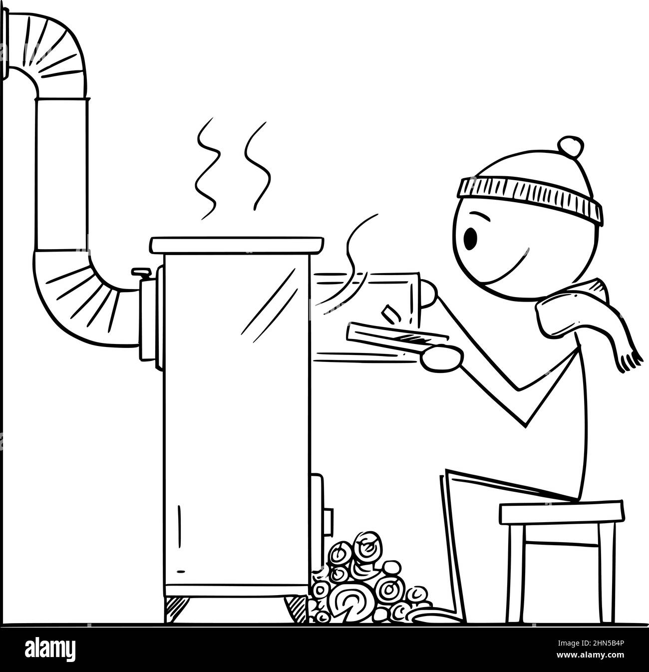 Person, die vor einem kleinen Holzofen oder Heizgerät sitzt, Vektor-Cartoon-Stick Abbildung Stock Vektor