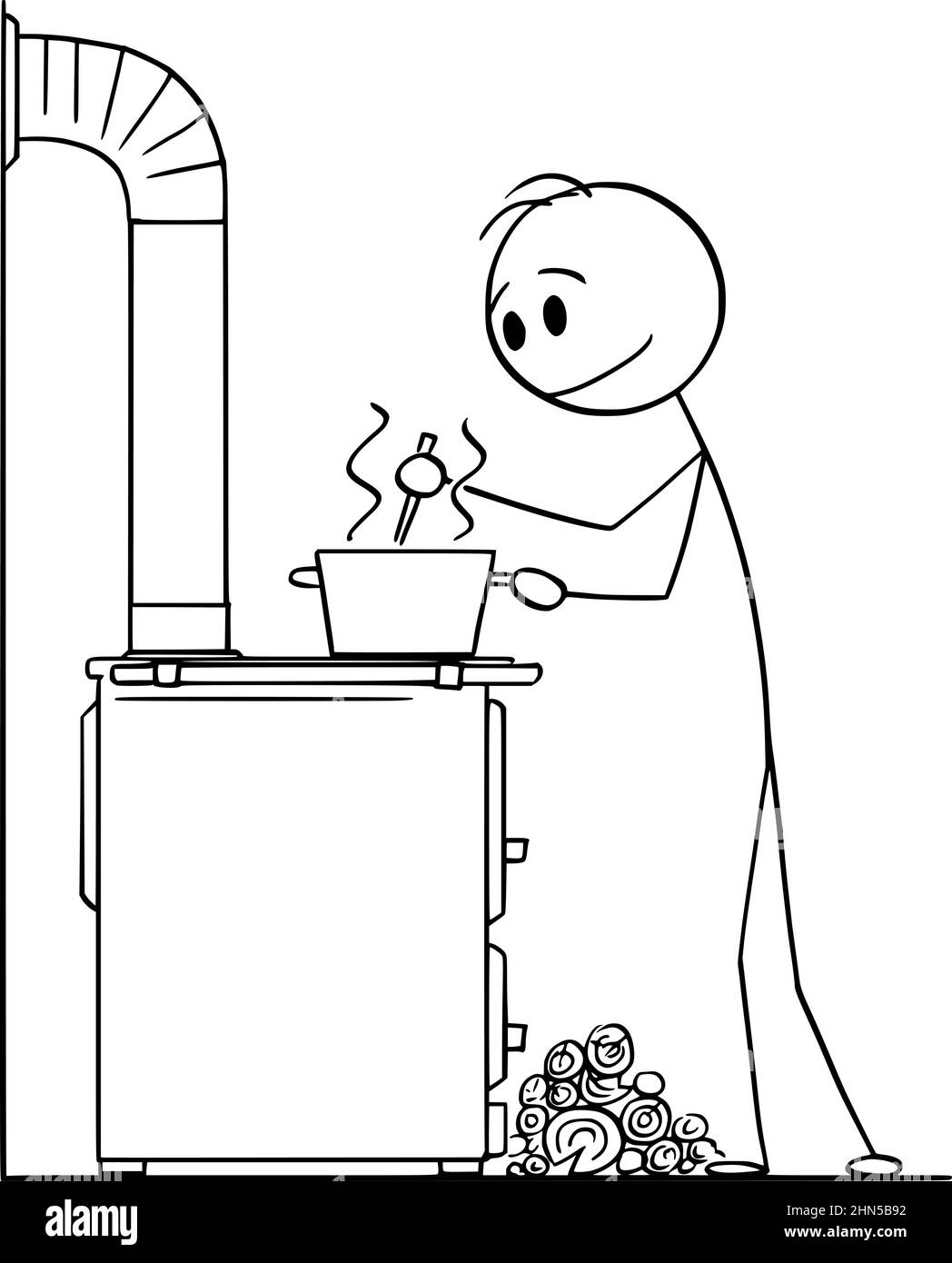 Person Kochen auf Küche Holzofen, Vektor Cartoon Stick Abbildung Stock Vektor