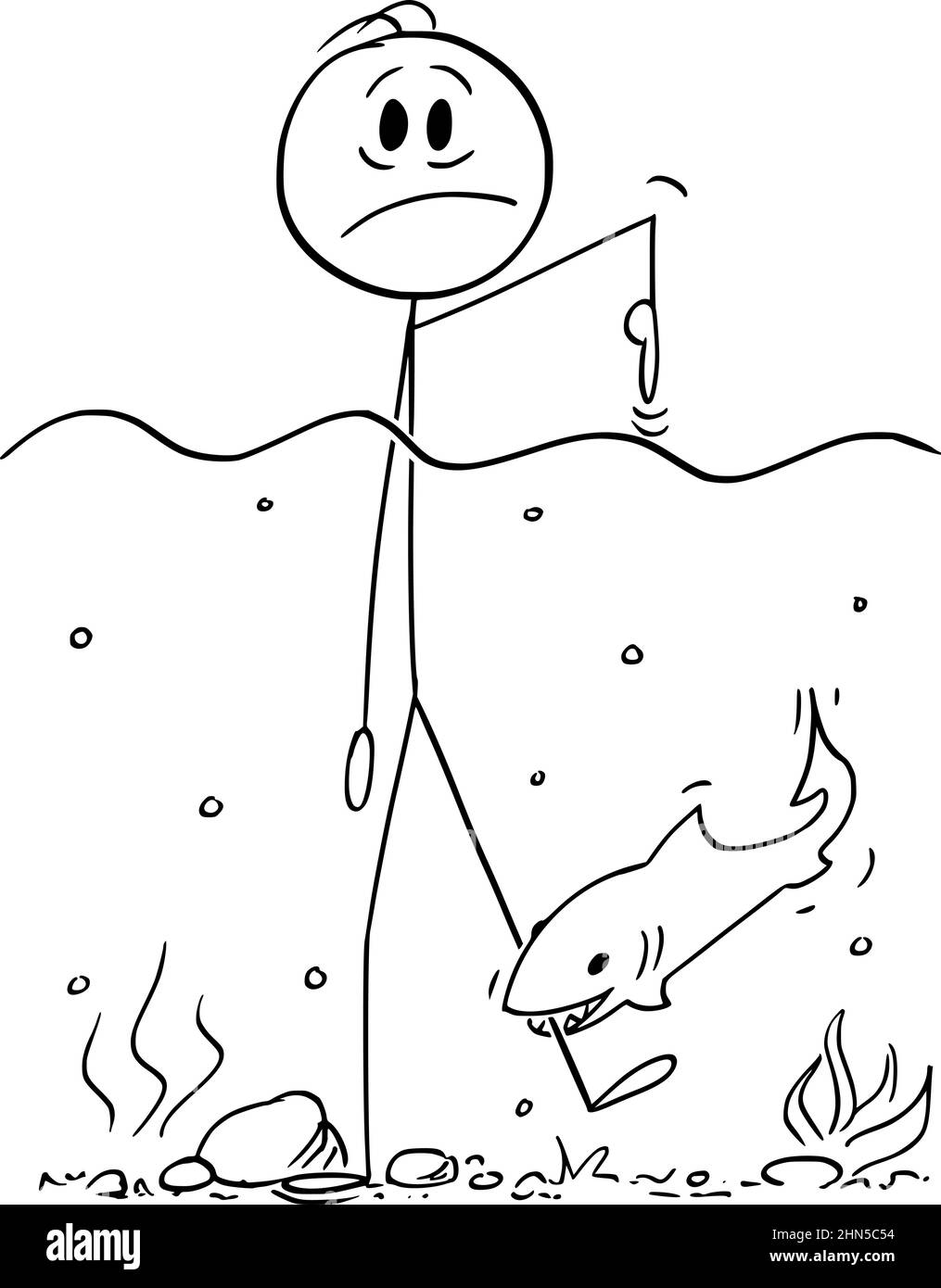 Fisch oder Hai Bites Schwimmer in Bein, Vektor Cartoon Stick Abbildung Stock Vektor