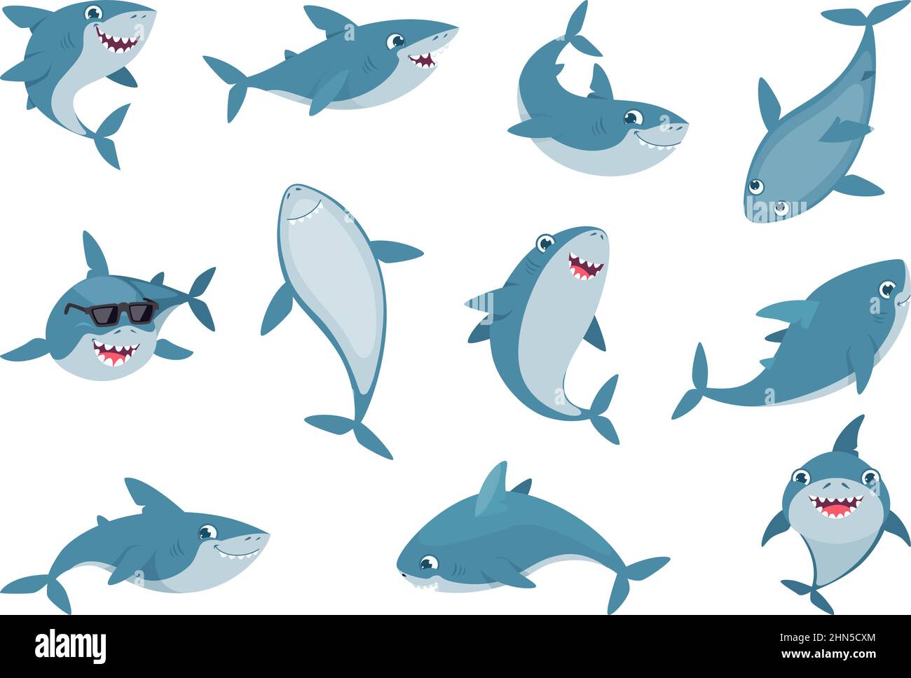 Ozeanhai. Niedliche wild schwimmende lächelnde Haie mit großen weißen Zähnen exaktes Vektor-Cartoon-Illustrationen-Set Stock Vektor