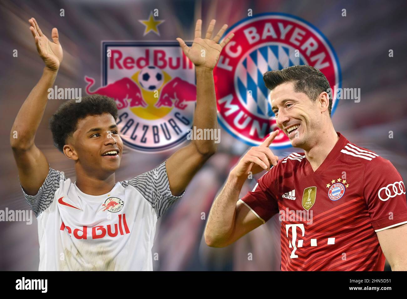 München, Deutschland. 14th. Februar 2022. Vorschau auf das Champions-League-Viertelfinale RB Salzburg-FC Bayern München. FOTOMONTAGE: Karim ADEYEMI (RB Salzurg) trifft Robert LEWANDOWSKI (FC Bayern München), Archivfoto: Soccer Champions League Group E/FC Bayern München - SL Benfica Lisbon 5-2, ALLIANZARENA München am 2nd. November 2021 Quelle: dpa/Alamy Live News Stockfoto