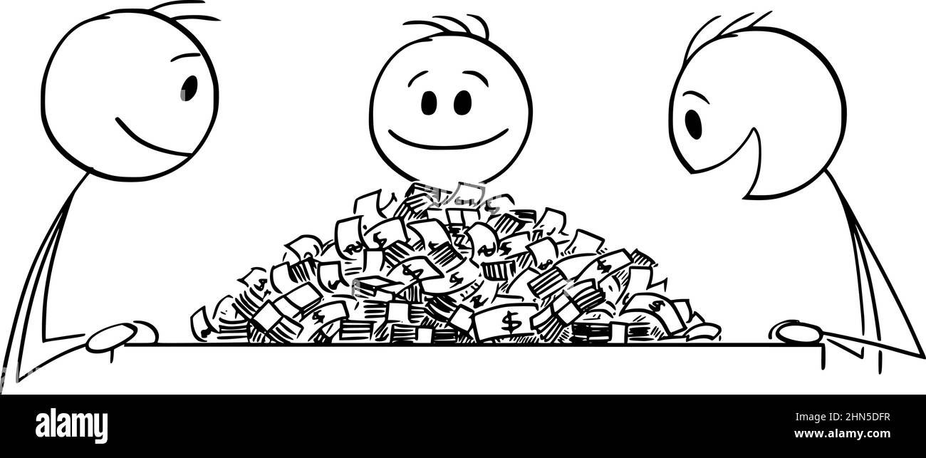 Drei Leute schauen auf großen Haufen Geld auf dem Tisch, Vektor Cartoon Stick Abbildung Stock Vektor