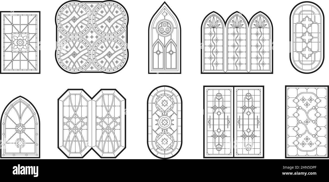 Gotische Fenster. Vertikale geometrische große Fensterrahmen mit katholischen Mosaik Dekoration grellen Vektor-Illustrationen gesetzt Stock Vektor