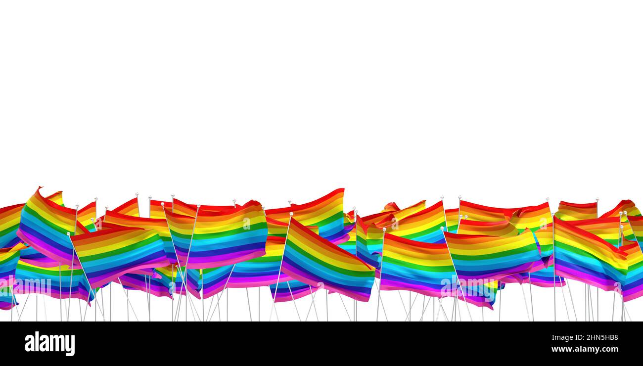 Viele Regenbogenfahnen auf weißem Hintergrund - 3D Render Stockfoto