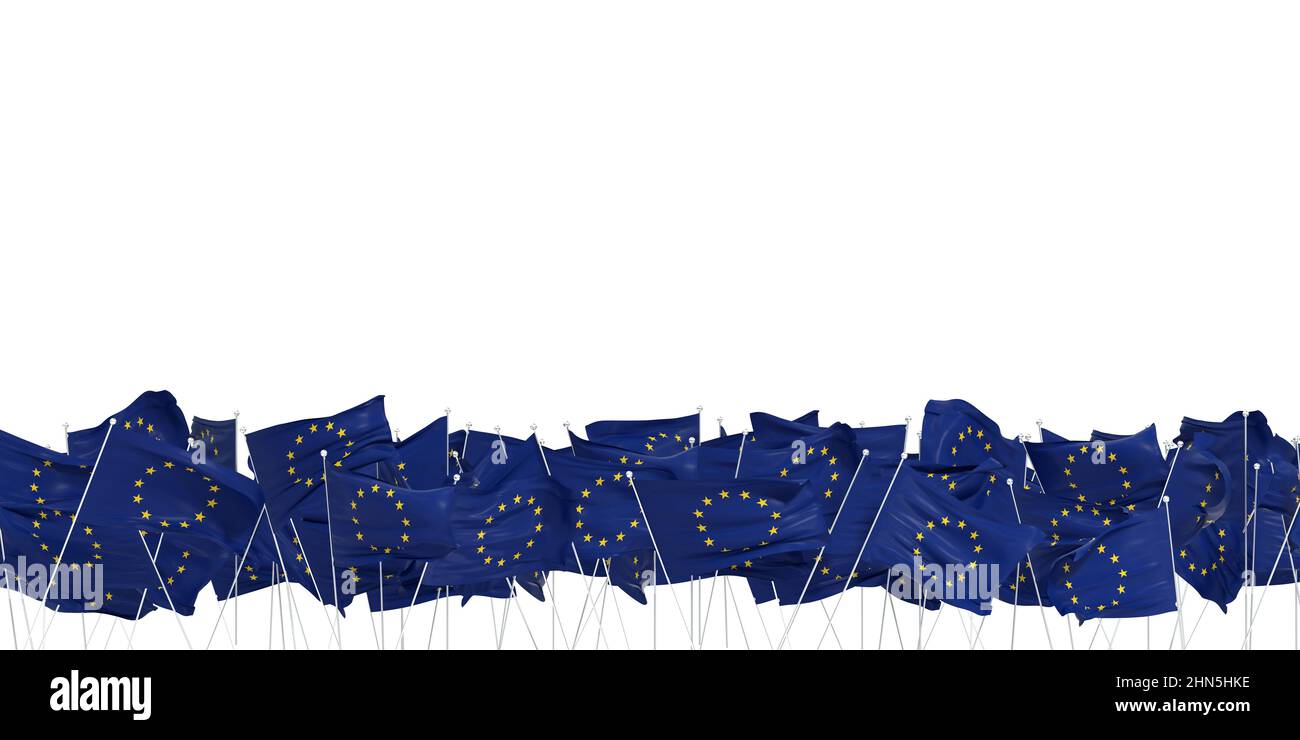 Viele europäische Flaggen auf weißem Hintergrund - 3D Rendering Stockfoto