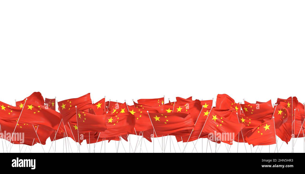Viele chinesische Flaggen auf weißem Hintergrund - 3D Rendering Stockfoto