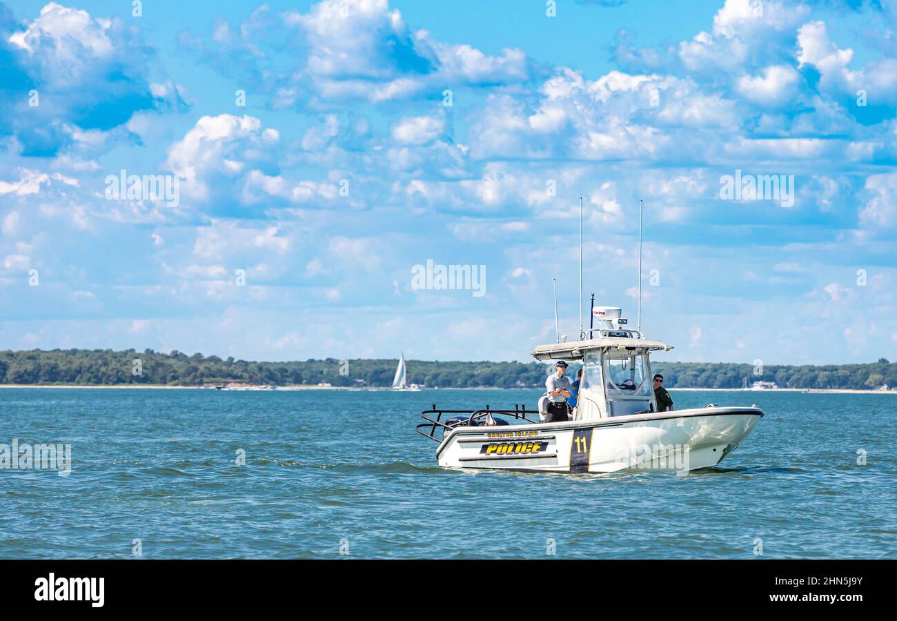 Shelter Island Police Boat Stockfoto