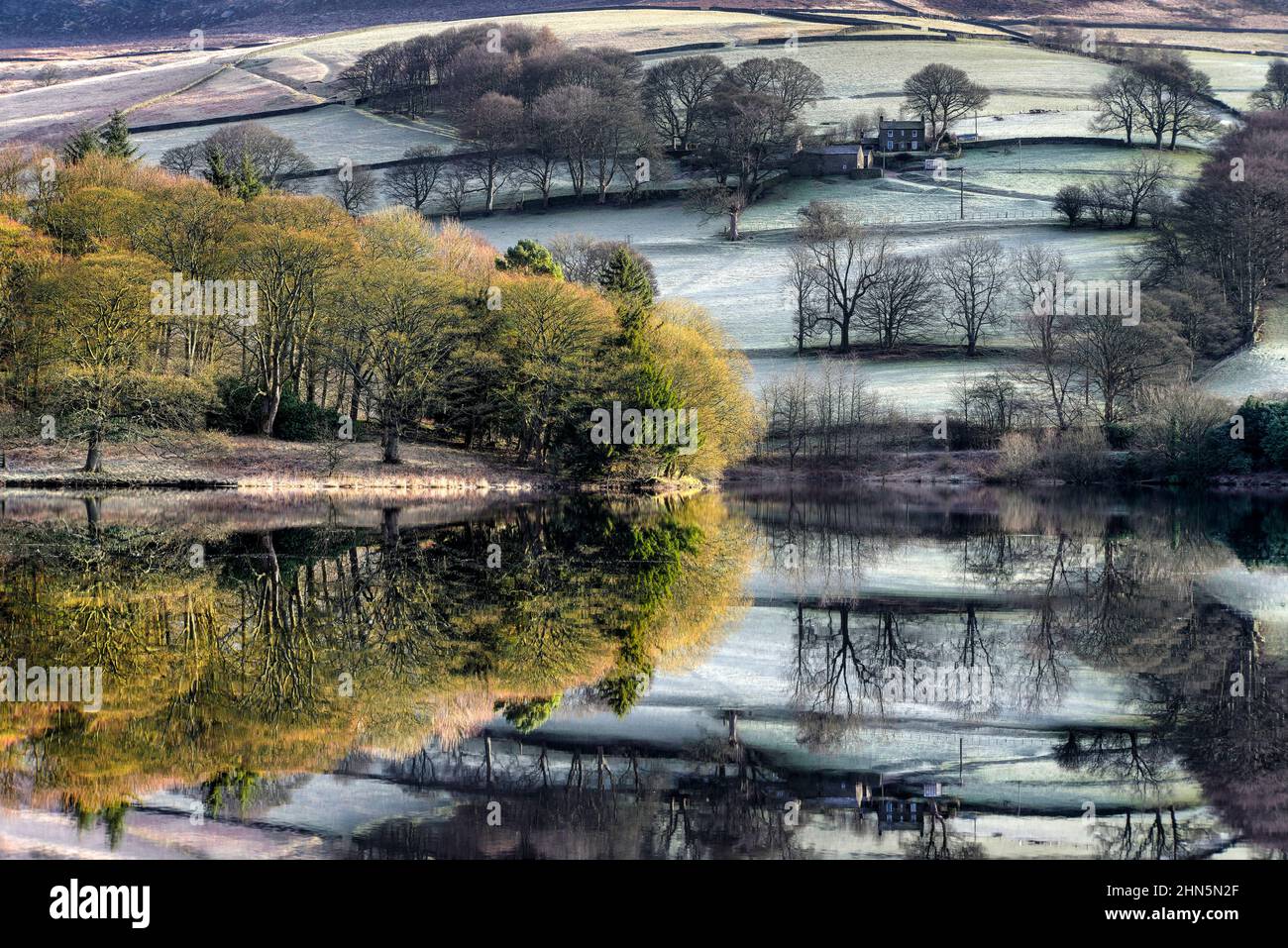 Ashes Farm mit Reflexionen über Ladybower Stockfoto