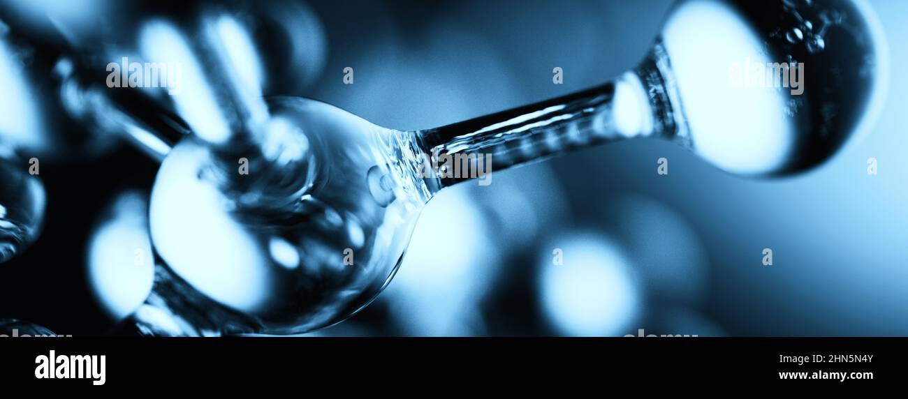 Makroabstrakte transparente Molekül-Partikelverbindung in blau klarem, leeren Panoramafenster. Atome und Moleküle kopieren Paste-Vorlage Stockfoto