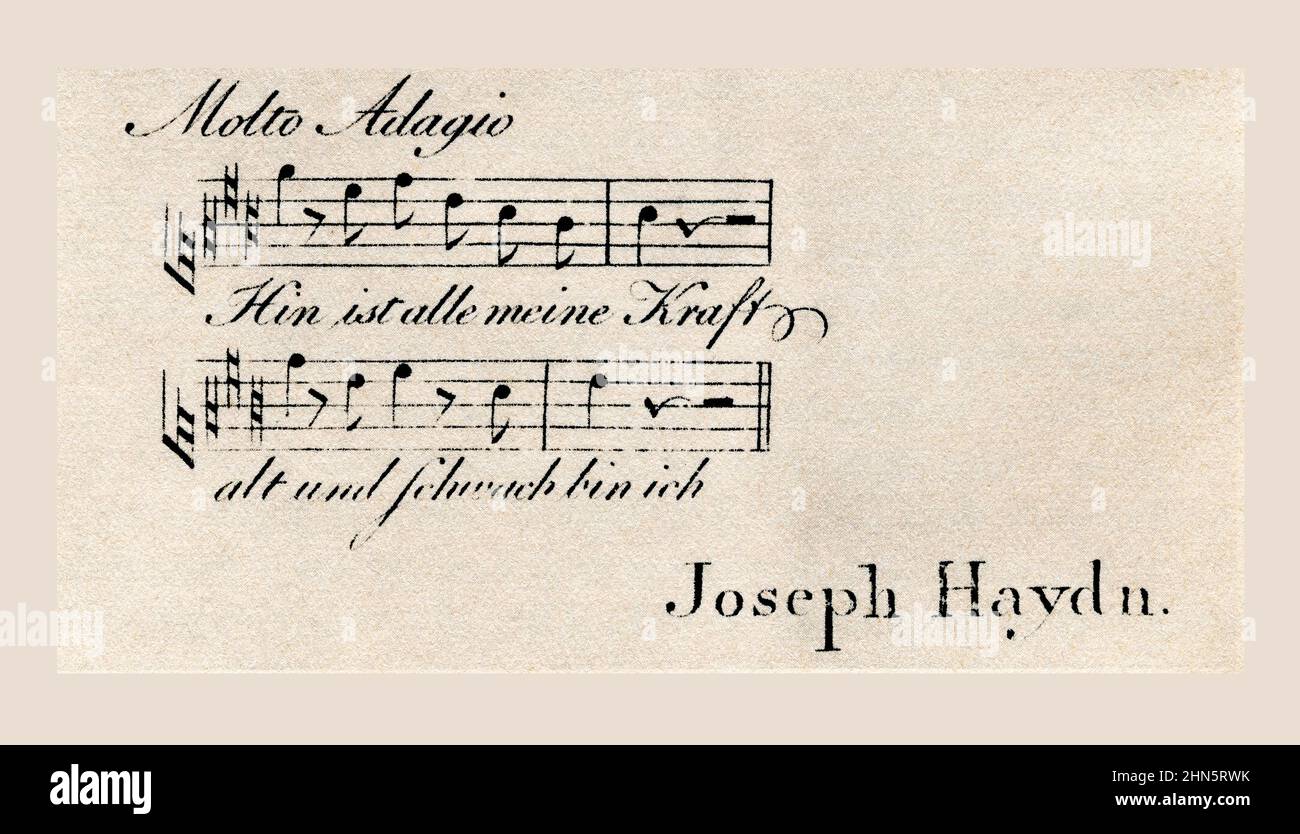 Haydns 'Anti-Visiting'-Karte, auf der übersetzt steht: 'Fort ist meine ganze Kraft, alt und schwach bin ich'. Franz Joseph Haydn, 1732 – 1809. Österreichischer Komponist der Klassik. Aus dem Goldenen Zeitalter von Wien, erschienen 1948. Stockfoto