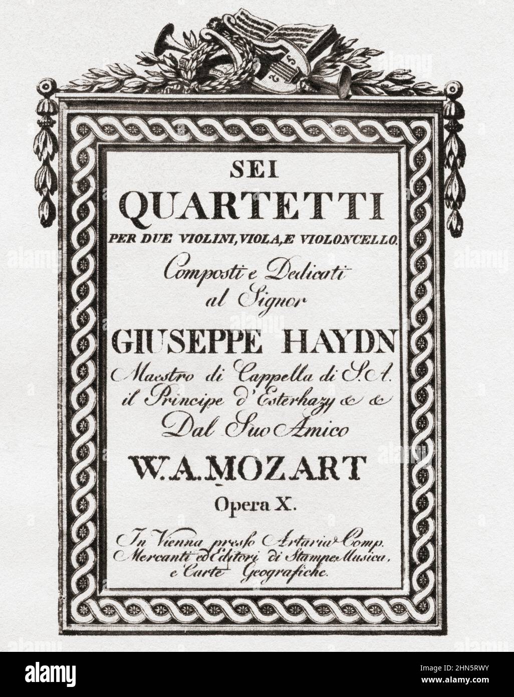 Haydn-Quartette (Op10). Titelbild der Partitur für Mozarts Haydn-Quartette (6 Haydn-Quartette gewidmet). Wolfgang Amadeus Mozart, 1756-1791. Österreichischer Komponist. Aus dem Goldenen Zeitalter von Wien, erschienen 1948. Stockfoto